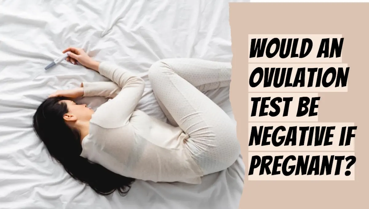 Top view of depressed woman lying on bed near pregnancy test with negative result