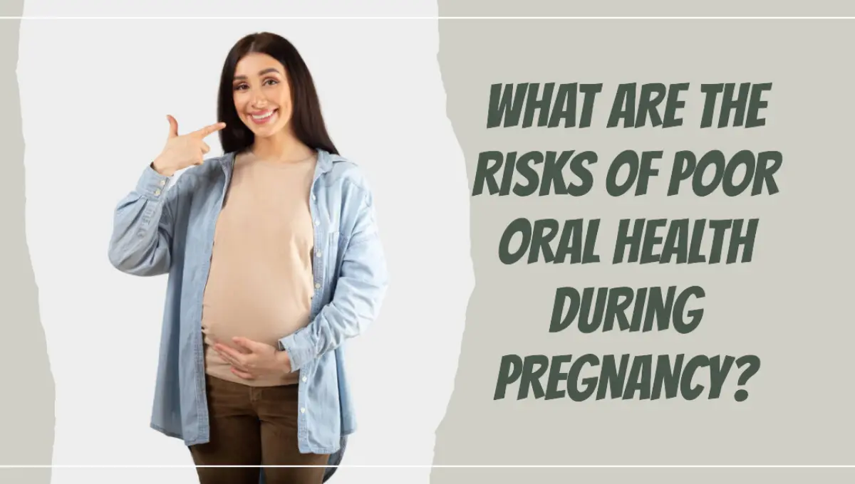 Beautiful pregnant woman expecting baby, showing and pointing at teeth and mouth, standing on white background and smiling