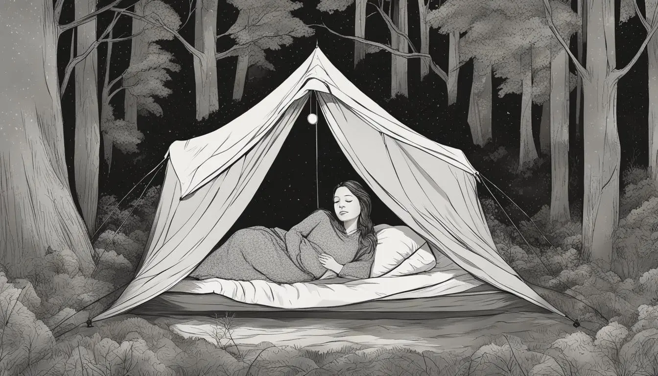 A pregnant woman sleeping comfortably in a spacious and cozy tent, with a soft sleeping pad and pillows underneath her. Concept of camping while pregnant
