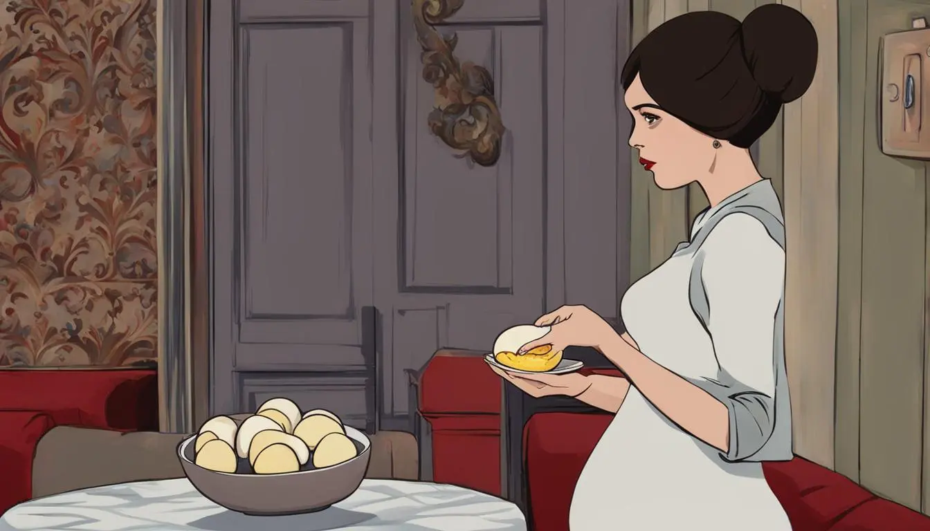 A pregnant woman holding a deviled egg in one hand and her other hand on her belly.