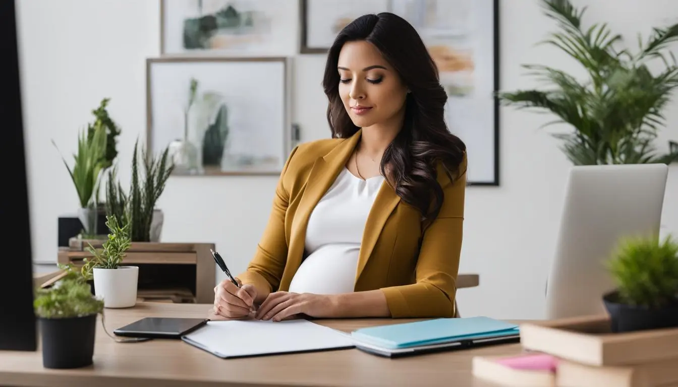 A pregnant woman seated at a modern desk in a professional setting. She is typing on her computer, with a notepad and pen beside her. The desk is clutter-free, with a plant and a framed photo as the only adornments. The woman appears calm and focused, embodying the balance of pregnancy and career success.