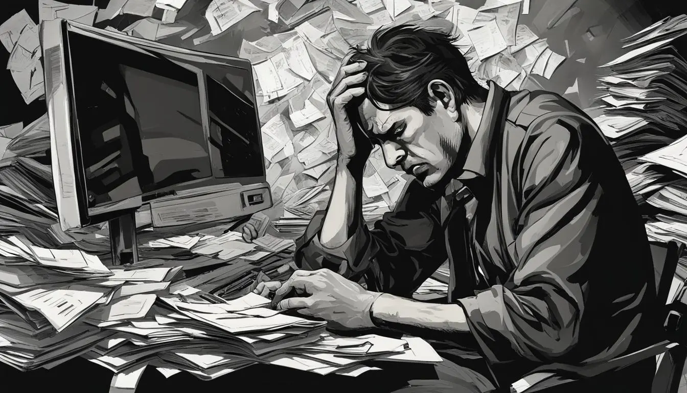 A man sitting in front of a computer, surrounded by clutter and papers. He clutches his forehead with stress and frustration while staring intensely at the screen. In the background, a clock ticks ominously, heightening the atmosphere of anxiety and pressure.