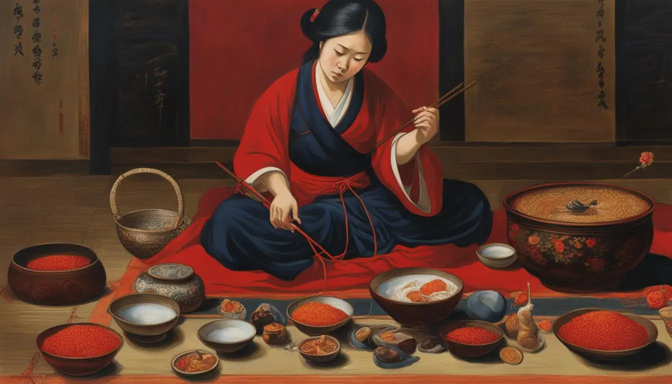 A young expectant mother sits cross-legged on a mat surrounded by various objects and items, including red string, dried fruit, and Chinese coins.