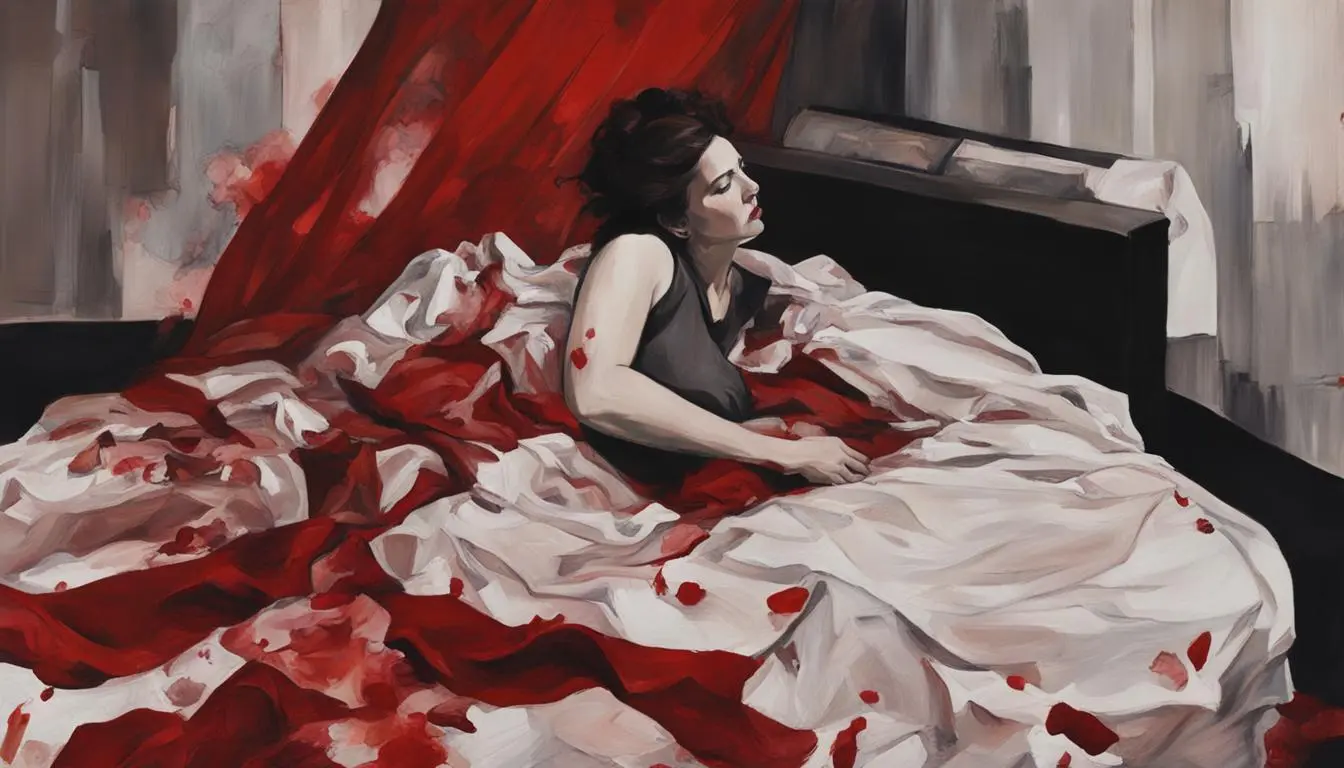 A stained bed sheet with a heavy flow of reddish-brown blood, surrounded by clumps of tissues and crumpled menstrual pads. 