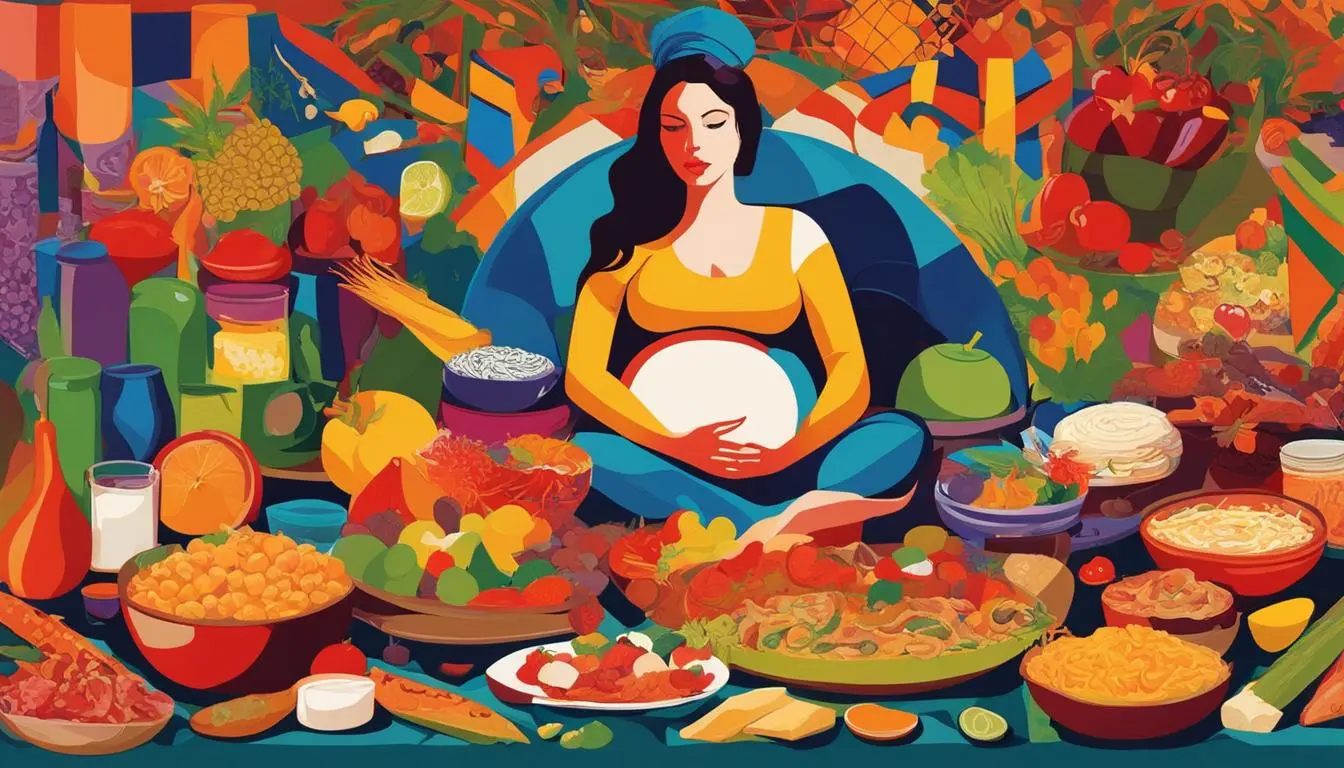 a pregnant woman surrounded by an unusual assortment of food items commonly craved during pregnancy from different parts of the world.