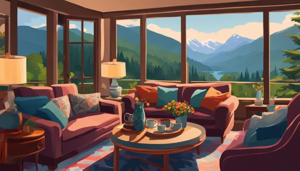 A cozy living room with soft blankets, pillows, and a tea set on the coffee table. A couple relaxing together on the couch, playing board games or reading books.