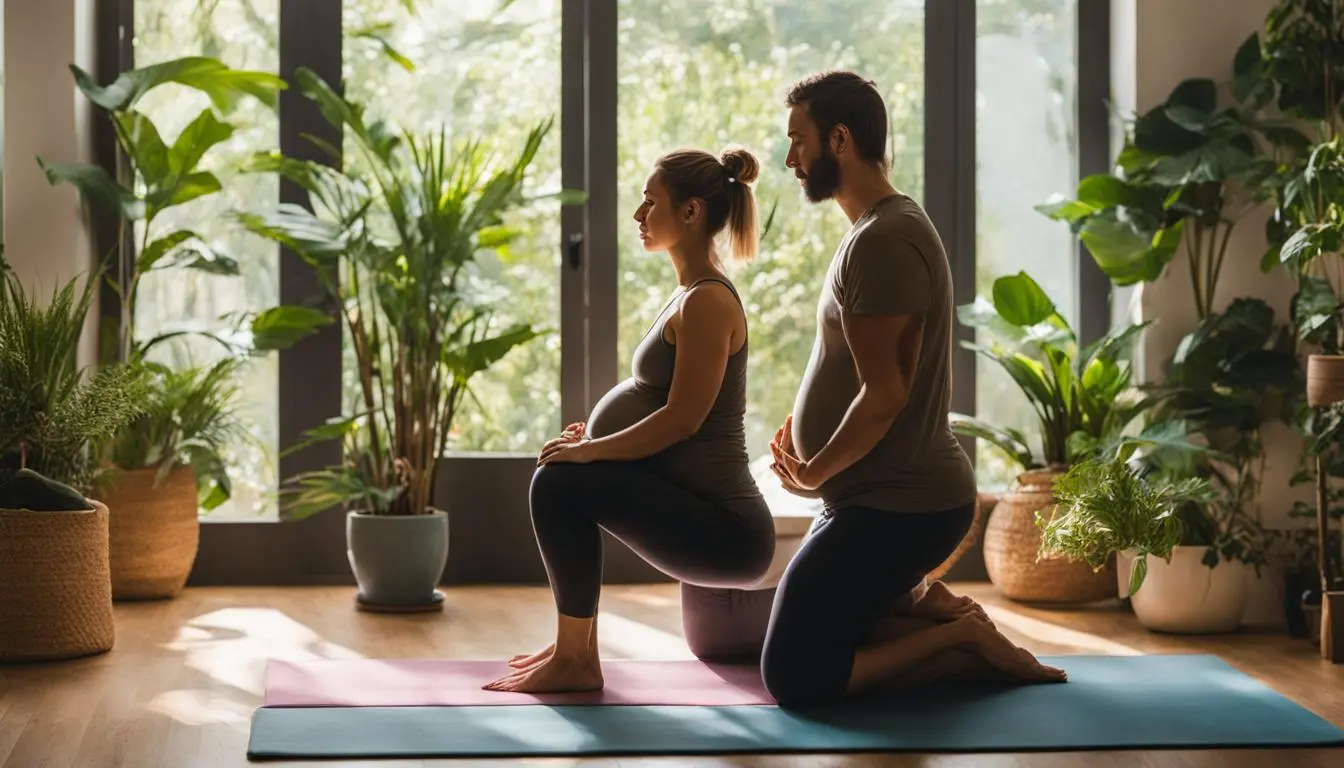 A pregnant couple doing yoga together in their cozy living room, surrounded by plants and soft natural light. The woman is in a seated position, with one hand on her belly, while the man is in a standing forward bend. Both have relaxed and peaceful expressions on their faces.