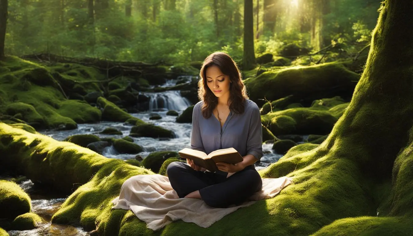 A serene forest scene with a woman sitting cross-legged on a mossy patch of ground, surrounded by trees and a gentle stream. 