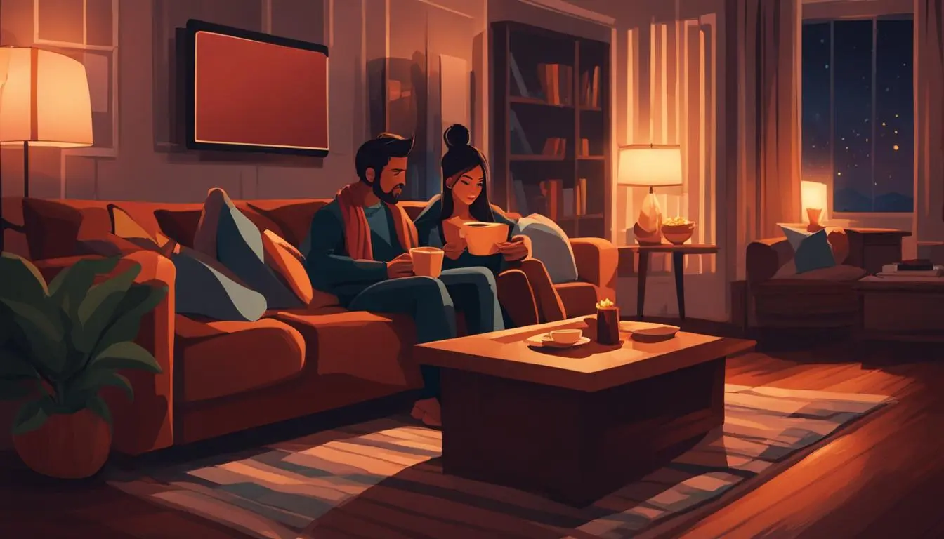 A cozy living room with a large screen TV on the wall, pillows and blankets on the couch, and a bowl of popcorn on the coffee table. The room is dimly lit with a warm glow emanating from the TV. The expectant couple sits snuggled up together, wrapped in a blanket, with their arms around each other. They are focused on the screen, completely immersed in whatever show or movie they are watching.