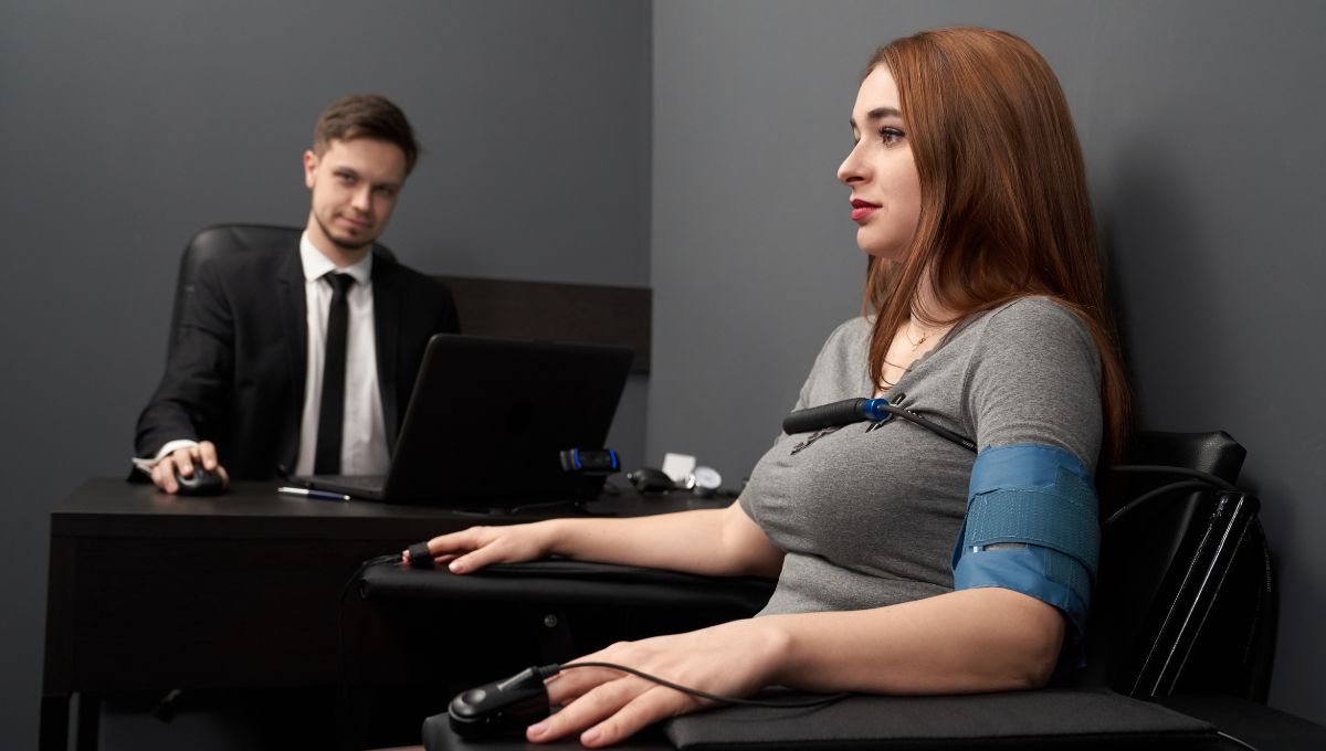 a pregnant woman undergoing a polygraph or lie detector test.