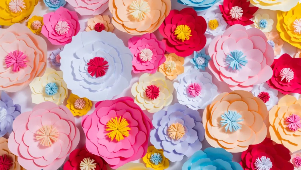 numerous colorful paper flowers.
