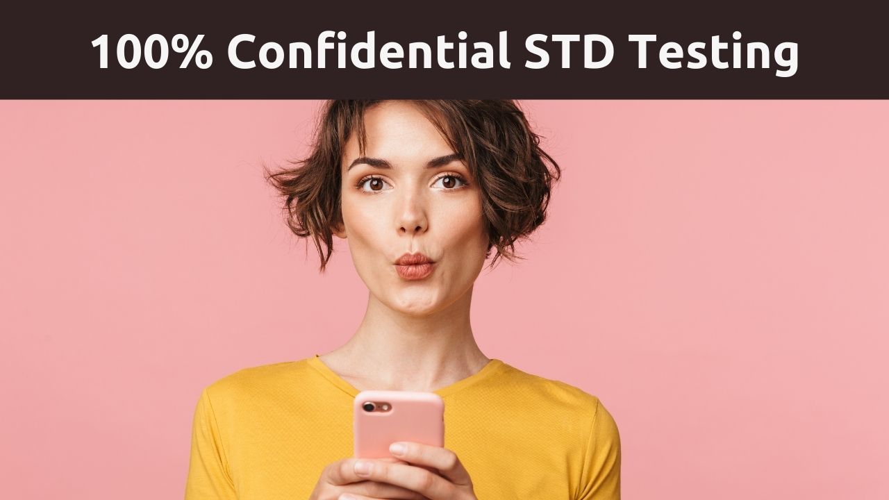 a young girl using her pink colored mobile phone to find STD testing options online.