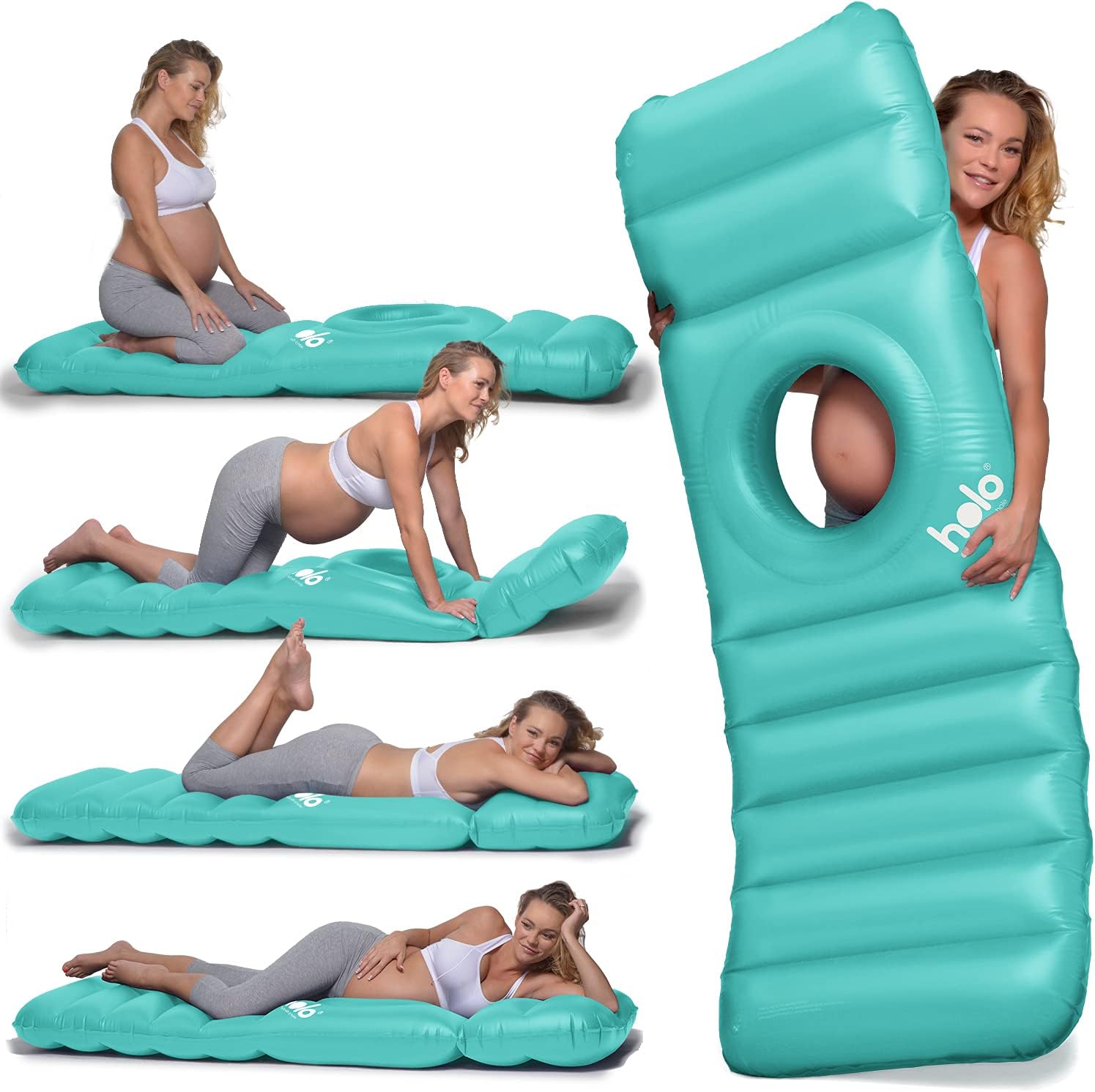 HOLO inflatable pregnancy pillow with hole for stomach sleeping, shown in mint color on white background
